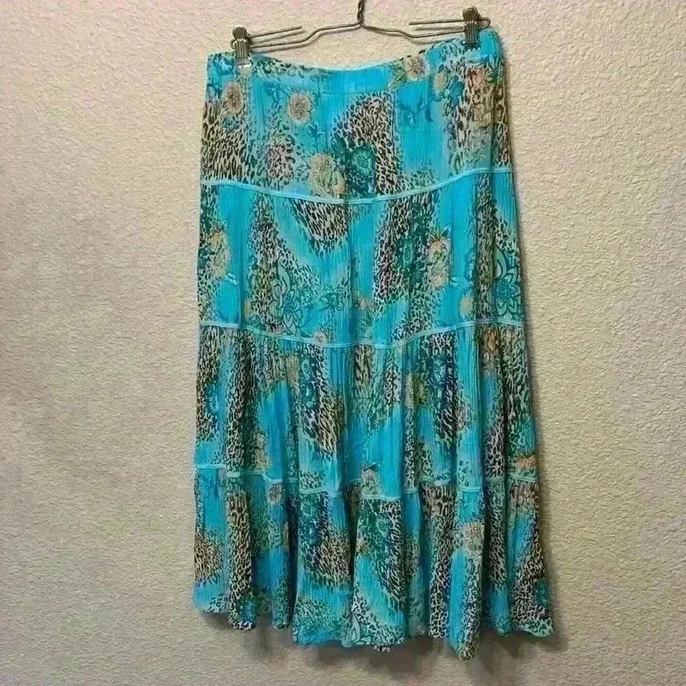 Blue Sag Harbor sz 10 y2k cheetah floral tiered 90s midi flowy comfy colorful